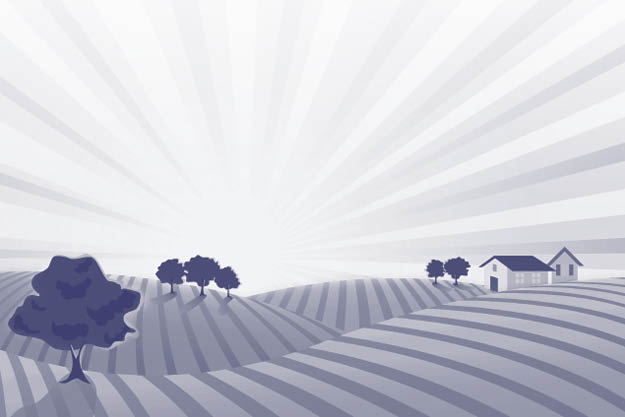 Monochromatic purplish-grey illustration of a sunrise on a farm