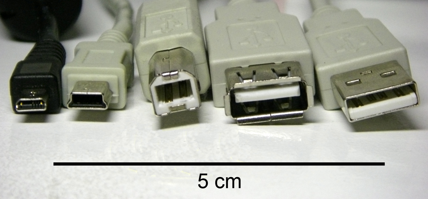 om left to right: the Micro, Mini, Type-B, Type-A female, and the classic Type-A male connector.