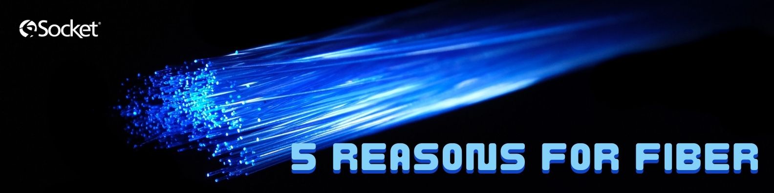blue fiber optic cable lit up, with black background and text overlay reading "five reasons to get fiber"