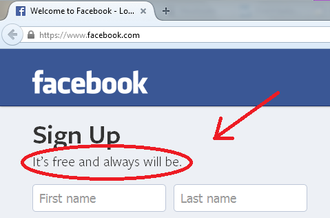 screenshot of facebook's signup page, where it says "It's free and always will be"