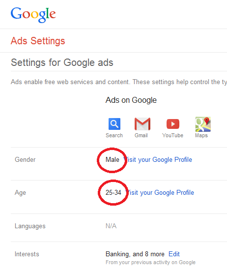 An imaghe of a google profile with ad settings