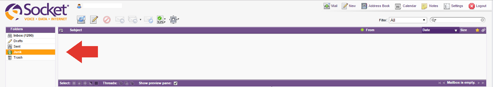 socket webmail with arrow pointing to junk folder